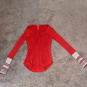 Free People XS Orange/Red Thermal Henley with Knit Cuffs | Excellent Condition